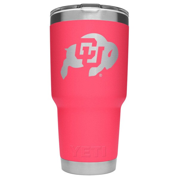A pink Yeti tumbler with the Colorado Buffaloes logo on the front in steel.