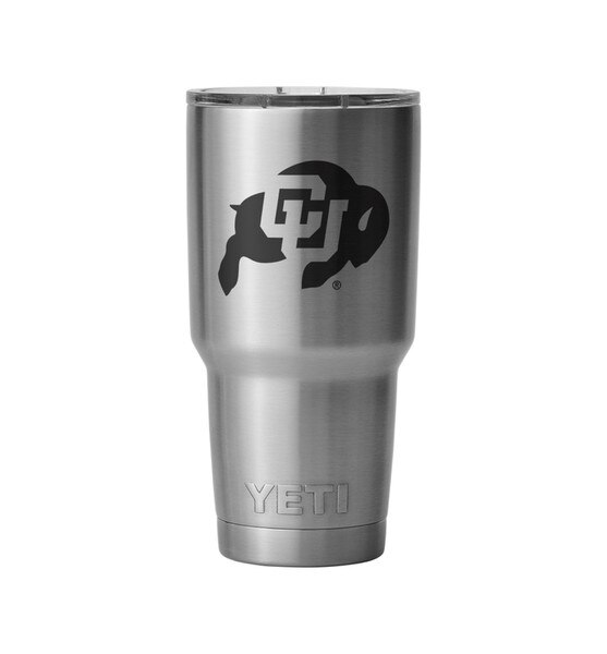 Stainless steel YETI tumbler with black CU Buffaloes logo on front, front product view.