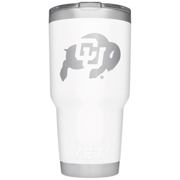 A white Yeti tumbler with the Colorado Buffaloes logo on the front in steel.