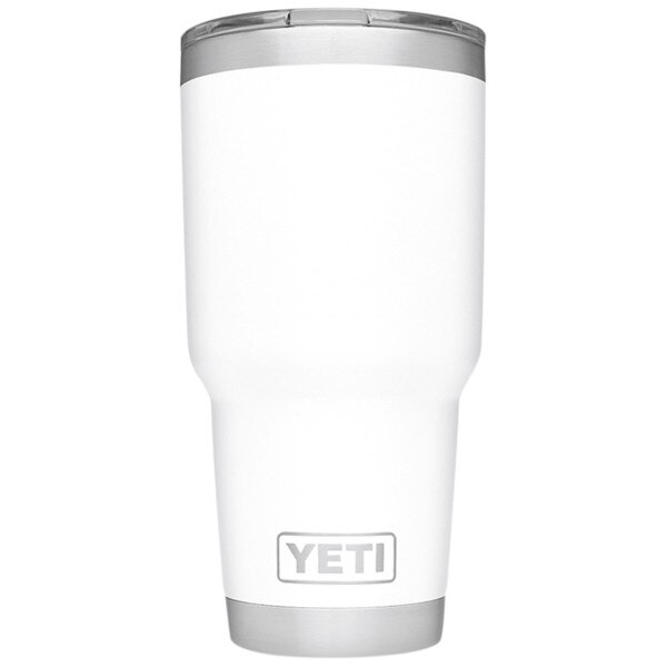 The backside of a white Yeti tumbler with the Yeti logo on the bottom in steel.