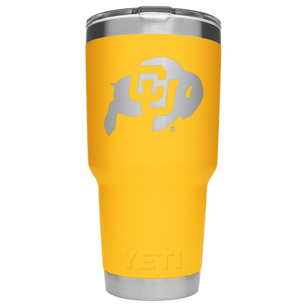 A yellow Yeti tumbler with the Colorado Buffaloes logo on the front in steel.