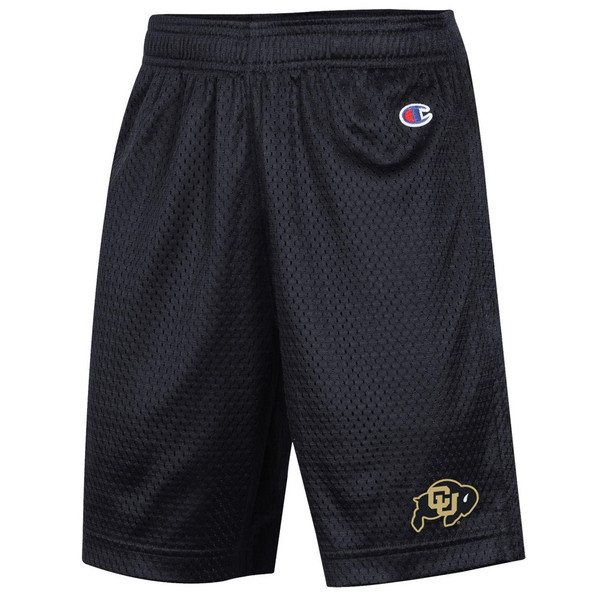 A black pair of shorts with a Champion logo on the top left corner, and a C-U Buffalo logo on the bottom left corner.