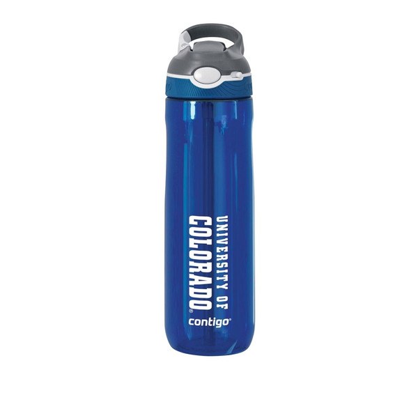 A blue semitransparent plastic water bottle with a straw lid and handle, featuring "University of Colorado" written sideways alongside the water bottle in bold white lettering.