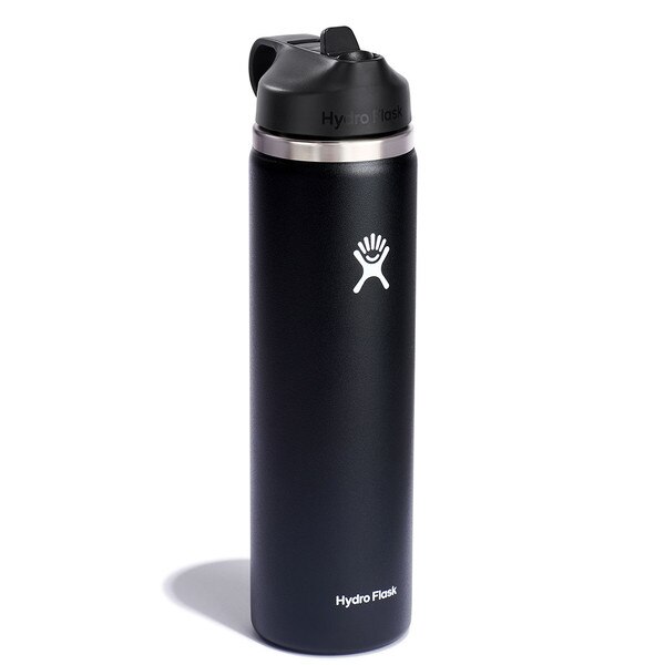 A black 24 ounce stainless steel Hydroflask water bottle with straw lid and handle strap.