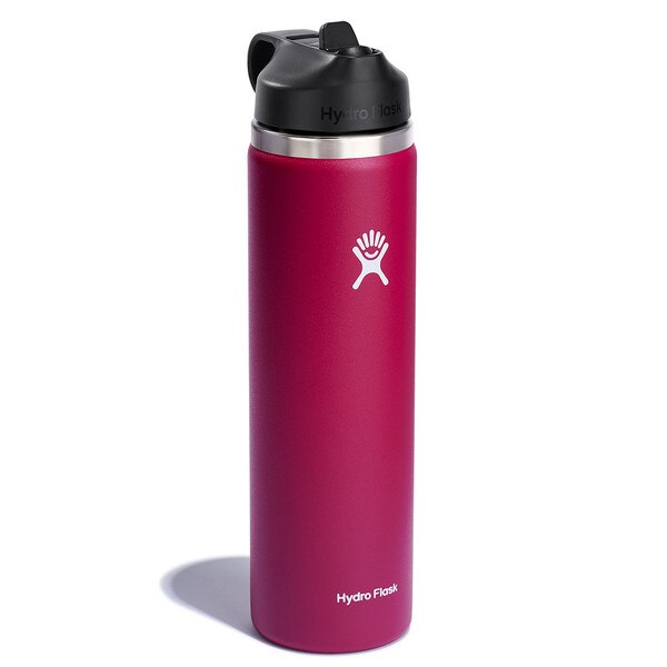 A magenta 24 ounce stainless steel Hydroflask water bottle with straw lid and handle strap.