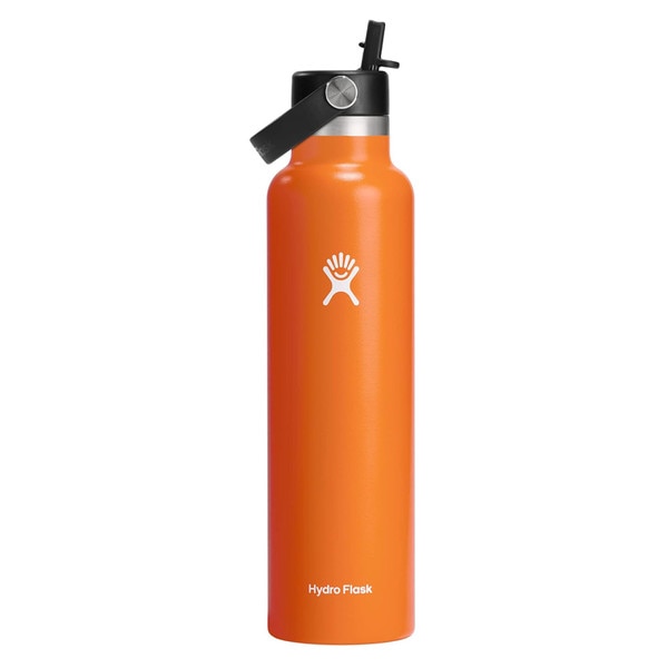 An orange 24 ounce stainless steel Hydroflask water bottle with straw lid and handle strap.