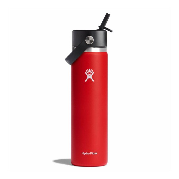 A red 24 ounce stainless steel Hydroflask water bottle with straw lid and handle strap.