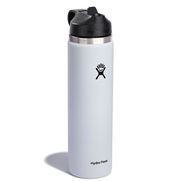 A white 24 ounce stainless steel Hydroflask water bottle with straw lid and handle strap.