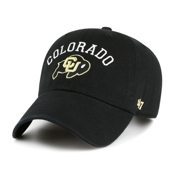 Front view of a black Colorado hat with white "Colorado" text and an embroidered CU Buffaloes logo in gold and black, designed by '47 Brand.