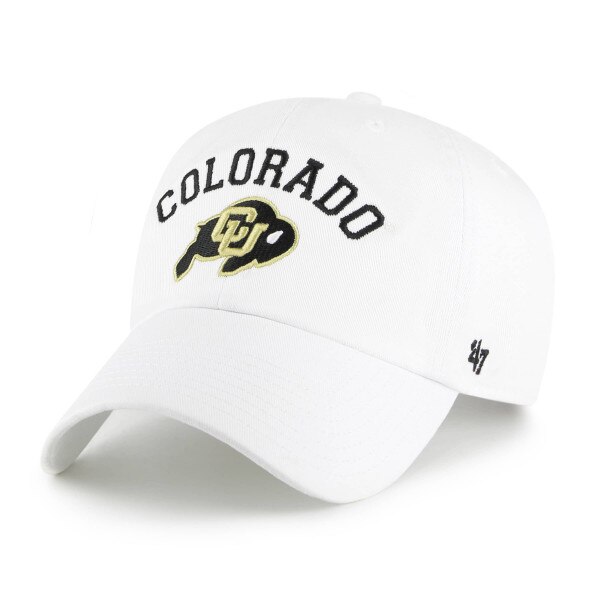 A white hat with embroidered Colorado lettering in black, and an embroidered C-U Buffalo logo.