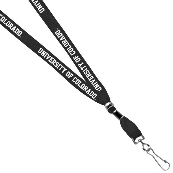 A black lanyard with repeating white University of Colorado lettering, with a latch for adding on keys, keychains, and I-D card holders.