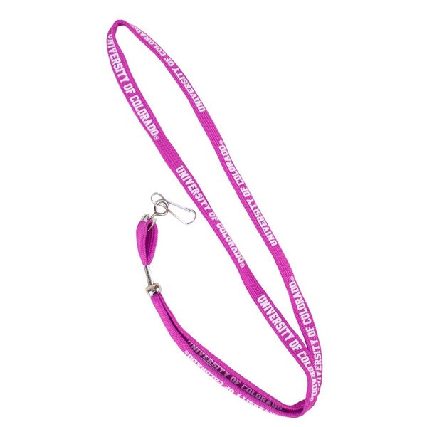 A pink lanyard with repeating white University of Colorado lettering, with a latch for adding on keys, keychains, and I-D card holders.