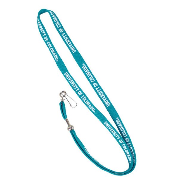 A teal lanyard with repeating white University of Colorado lettering, with a latch for adding on keys, keychains, and I-D card holders.