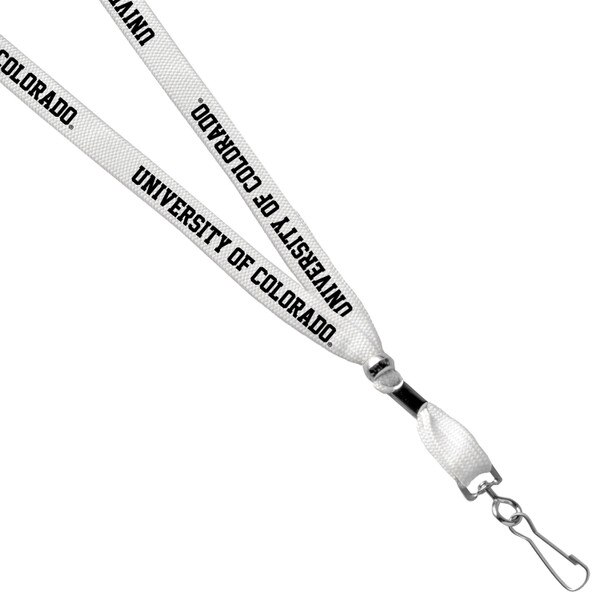 A white lanyard with repeating black University of Colorado lettering, with a latch for adding on keys, keychains, and I-D card holders.
