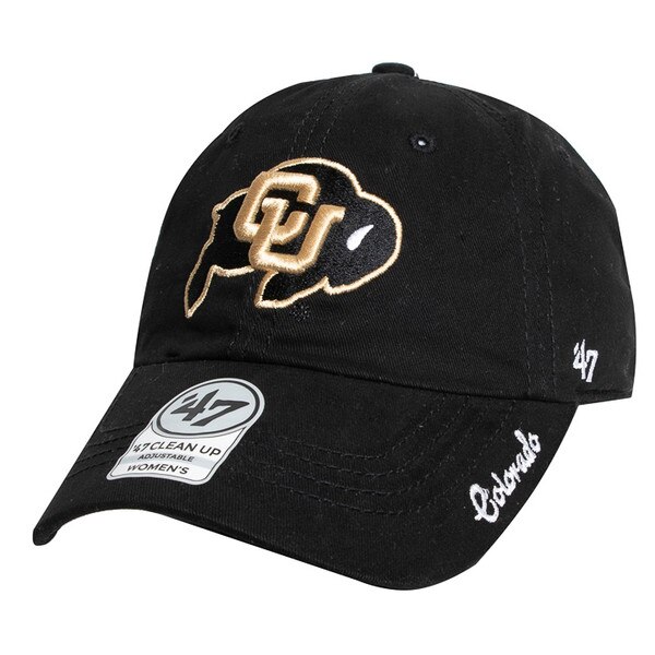 Black hat with the CU buffalo logo embroidered on the front with 47' brand logo on left side, with "Colorado" embroidered in a cursive font on the bill.