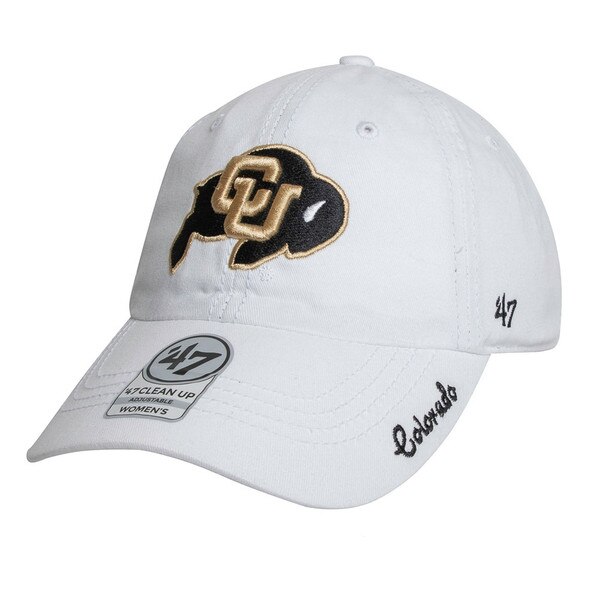 White hat with the CU buffalo logo embroidered on the front with 47' brand logo on left side, with "Colorado" embroidered in a cursive font on the bill.
