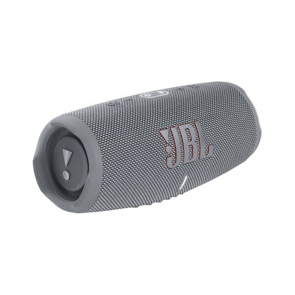 A gray portable speaker with the JBL logo.
