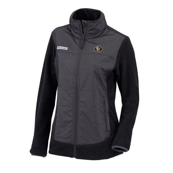 A black jacket with an omni-shield shell and fleece sleeves. There is two zippered side pockets, and an embroidered CU Buffalo logo on the left corner chest.