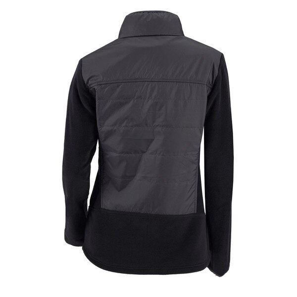 The back of a black jacket with a omni-shield shell and fleece sleeves.