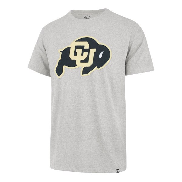 A gray '47 Brand knockout short sleeve t-shirt with large CU Buffalo logo across chest.