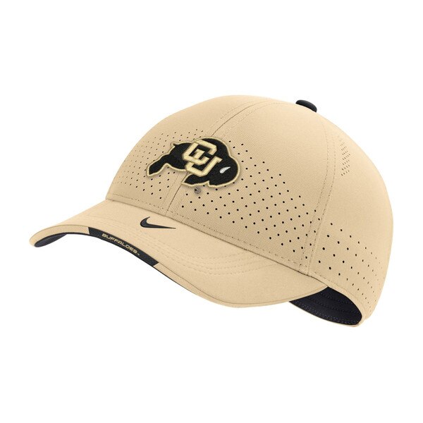 Gold hat with Cu Buffalo logo on front with nike swoosh on bill and "Buffaloes" written on edge of the bill.