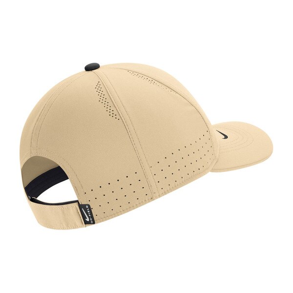 Back of gold hat with velcro adjustable strap.