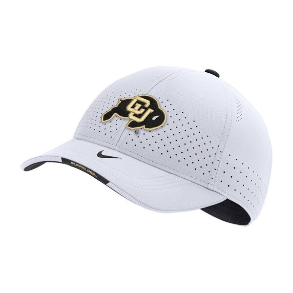 White hat with Cu Buffalo logo on front with nike swoosh on bill and "Buffaloes" written on edge of the bill.