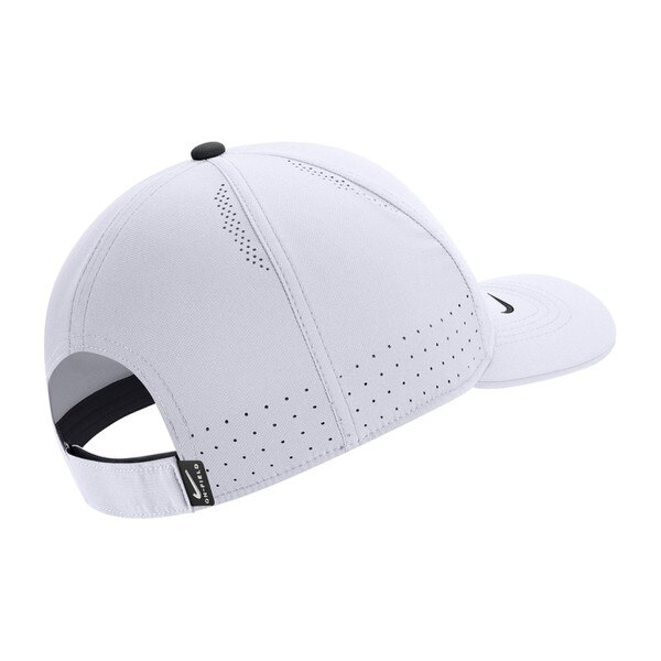 Back of white hat with velcro adjustable strap.