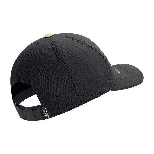 Back of black hat with velcro adjustable strap.