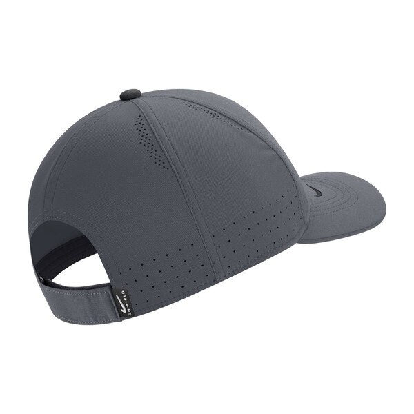 Back of grey hat with velcro adjustable strap.