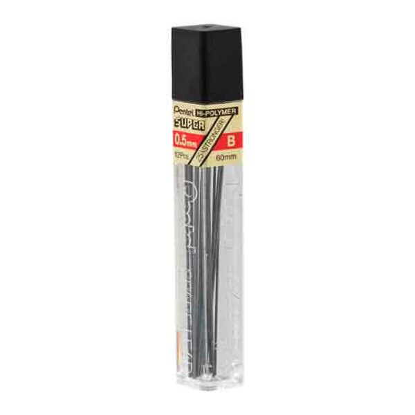 Pentel Hi-Polymer 0.5mm B lead refill tube with black cap and beige label, containing 60mm pencil leads, angled view.