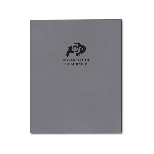A gray folder with a black C-U Buffalo logo on the front and "University of Colorado" in black lettering underneath.