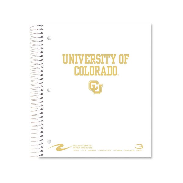 A white notebook with "University of Colorado" and the interlocking logo on the front in gold foil lettering.