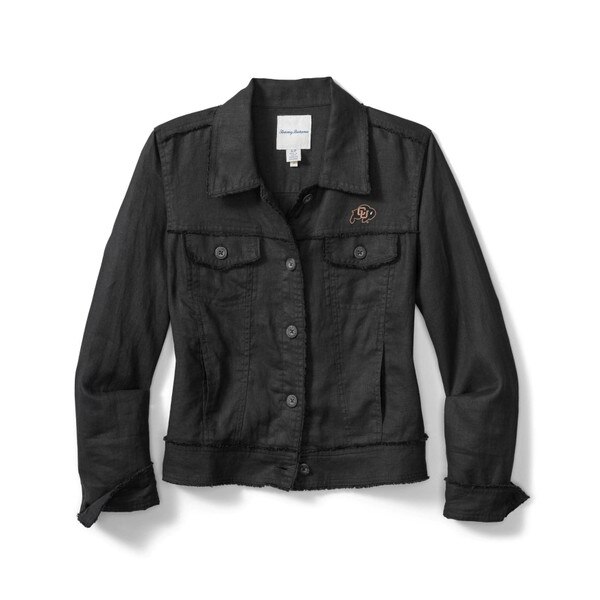 This is a black collared jacket with distressed hems all over, including the sleeves, lapel, and pockets. There's a black and gold C.U. Buffalo logo on the left chest. The buttons are all black.