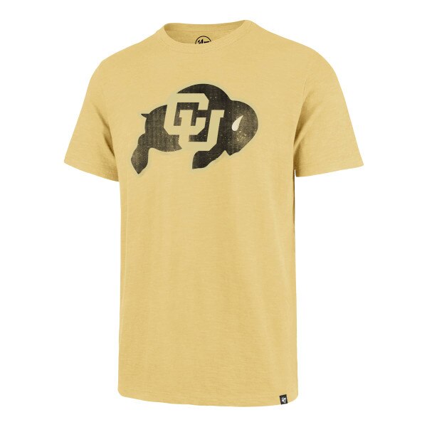 A gold '47 Brand premier franklin short sleeve t-shirt with large CU Buffalo logo.