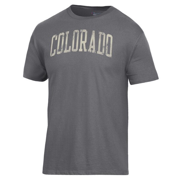 Charcoal gray t-shirt with distressed 'Colorado' text in arched collegiate font across the chest