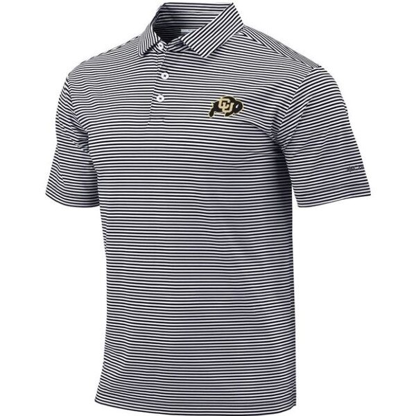 A black and white striped collared button-up Columbia polo with a CU Buffalo logo on the left chest.