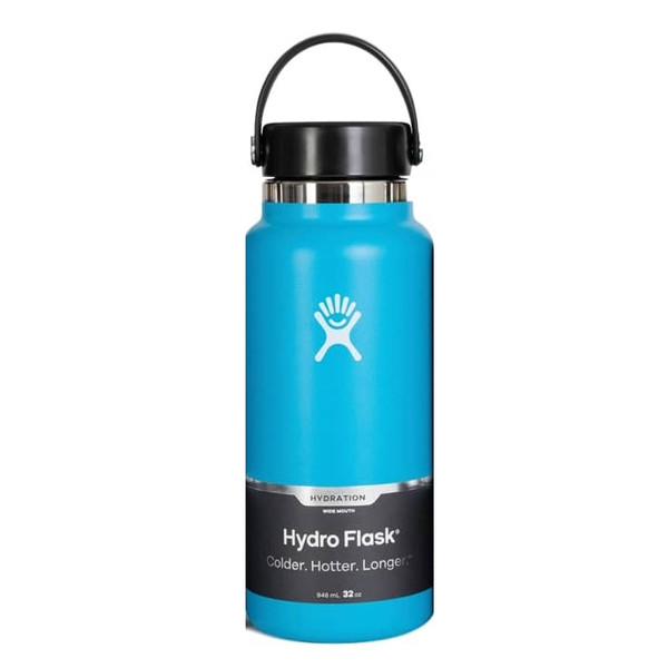 An aqua 32 ounce stainless steel Hydroflask wide mouth water bottle with handle strap.