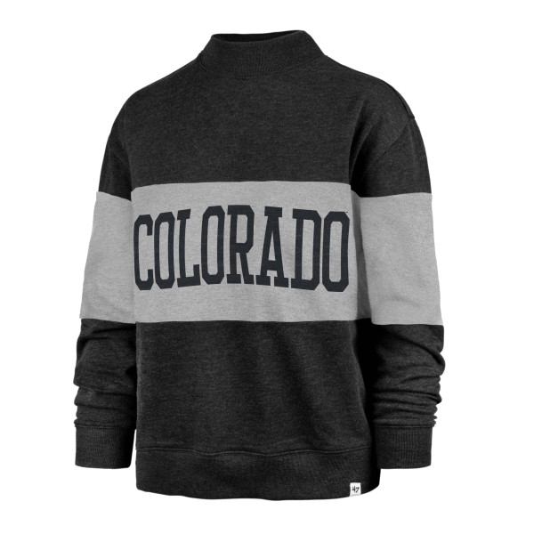 A dark gray and light gray color block mock neck crew with Colorado in bold dark gray block lettering.