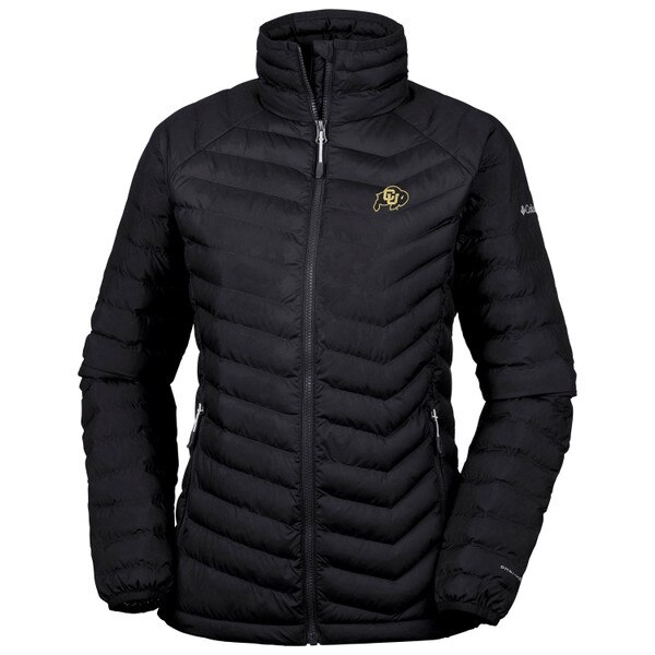 A black collared full-zip down jacket with two front zippered pockets, adorned with a C-U Buffalo logo on the left chest and a Columbia logo on the left arm.