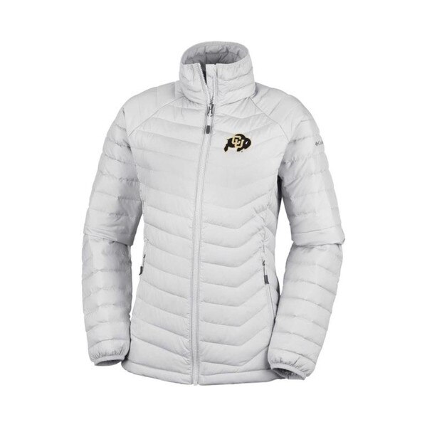 A white collared full-zip down jacket with two front zippered pockets, adorned with a C-U Buffalo logo on the left chest and a Columbia logo on the left arm.