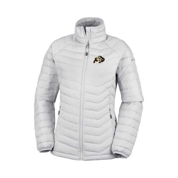 A white collared full-zip down jacket with two front zippered pockets, adorned with a C-U Buffalo logo on the left chest and a Columbia logo on the left arm.