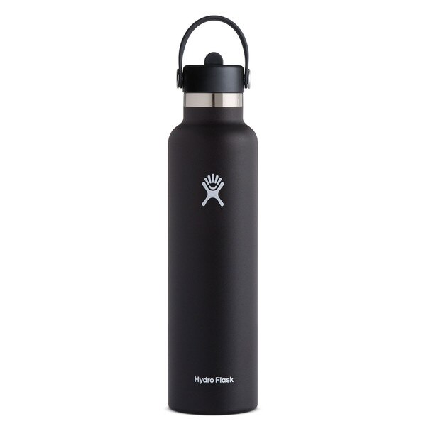 A black 24 ounce stainless steel Hydroflask water bottle with straw lid and handle strap.