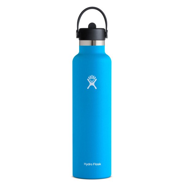 A blue 24 ounce stainless steel Hydroflask water bottle with straw lid and handle strap.