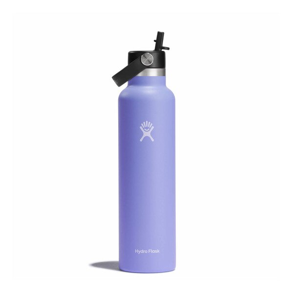 A lavender 24 ounce stainless steel Hydroflask water bottle with straw lid and handle strap.