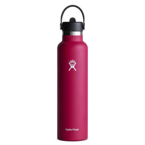 A magenta 24 ounce stainless steel Hydroflask water bottle with straw lid and handle strap.