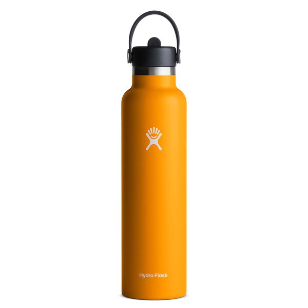 An orange 24 ounce stainless steel Hydroflask water bottle with straw lid and handle strap.