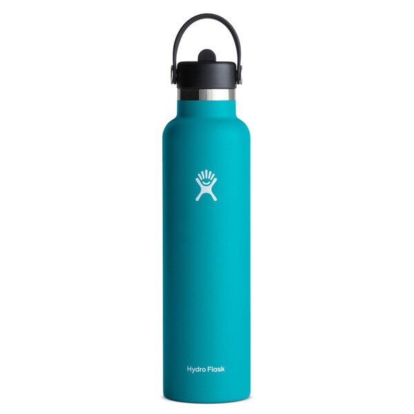 A teal 24 ounce stainless steel Hydroflask water bottle with straw lid and handle strap.