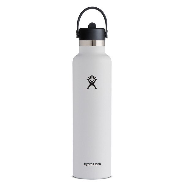 A white 24 ounce stainless steel Hydroflask water bottle with straw lid and handle strap.
