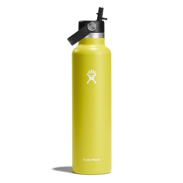A yellow 24 ounce stainless steel Hydroflask water bottle with straw lid and handle strap.